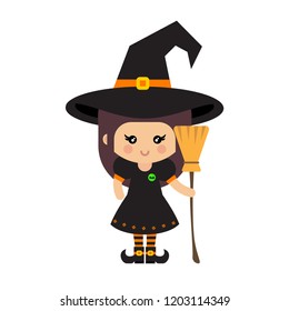 cartoon cute witch vector in hat and broom