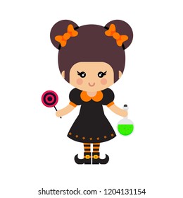 cartoon cute witch vector with magic potion and candies