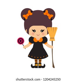 cartoon cute witch vector with magic candies and broom