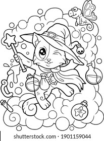 cartoon cute wizard cat, coloring book, funny illustration