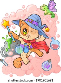 cartoon cute wizard cat, funny illustration