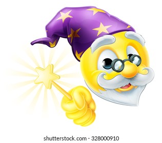 A cartoon cute wizard emoji emoticon waving a magic wand