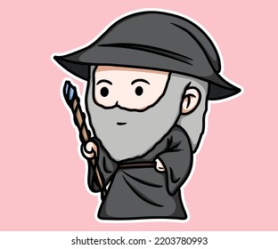 Cartoon Cute Wizard Fantasy Sorcerer Standing with Medieval Magic Staff Merlin 