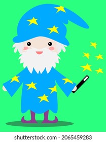 Cartoon cute wizard with white beard in blue gown with yellow stars and purple wizard shoes waving his magic wand on a green background.