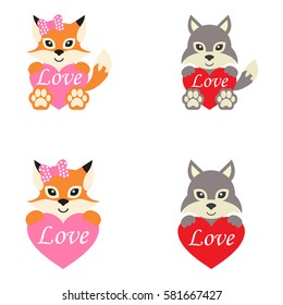 cartoon cute wolf and fox set