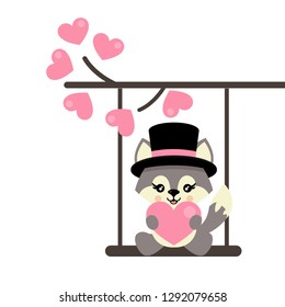 cartoon cute wolf with hat and heart on a swing and on a lovely branch