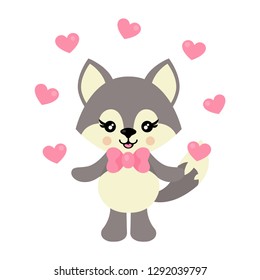 cartoon cute wolf with hearts