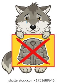 Cartoon cute Wolf hält Poster mit einem gekreuzten Pelzmantel.