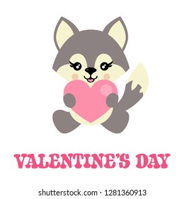 cartoon cute wolf sitting with heart vector and valentines text