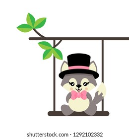 cartoon cute wolf with tie and hat on a swing and on a branch