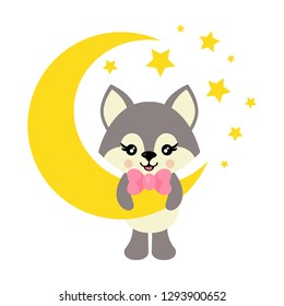 cartoon cute wolf with tie on the moon