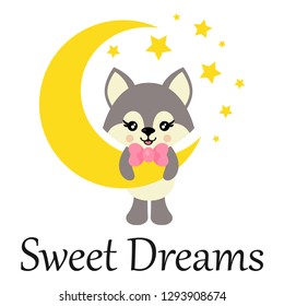 cartoon cute wolf with tie on the moon with text