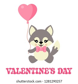 cartoon cute wolf with tie sitting vector and lovely balloon vector and valentines text