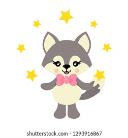 cartoon cute wolf with tie and stars