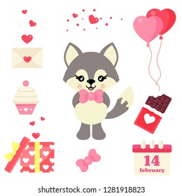 cartoon cute wolf with tie vector and valentines day element