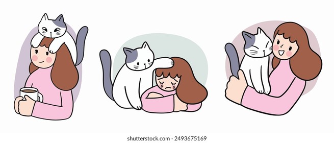 Cartoon cute woman and cat friendship family vector.