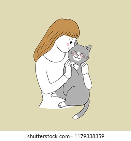 Cartoon cute woman and cat vector.