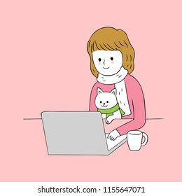 Cartoon cute woman and cat working vector.