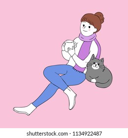 Cartoon cute woman drink coffee and cat vector.