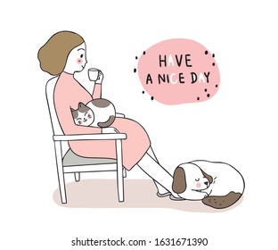 Cartoon cute woman drink coffee and cat and dog sleepy relaxtion vector.