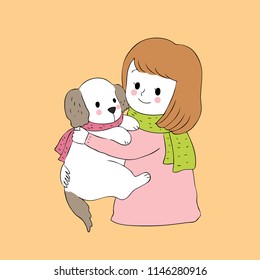 Cartoon cute woman hug dog vector.