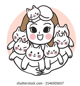 Cartoon cute woman hug kitten with love vector.