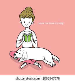 Cartoon cute woman reading book and white dog sleeping vector.