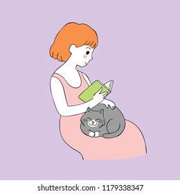 Cartoon cute woman reading book and cat vector.