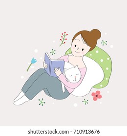 Cartoon cute woman reading book and sleepy cat vector.