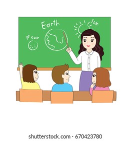Cartoon cute woman teacher and students in room at school vector.