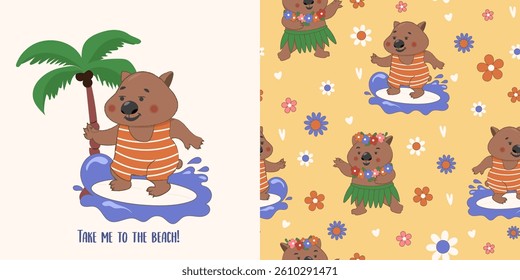 Cartoon cute wombat with surf vector illustration. Print design animal for textile, fabric, wrapping paper, t-shirt.