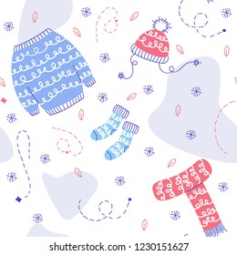 Cartoon cute wool clothes seamless pattern. Knitted winter sweater, snowflakes, leaves, cap, scarf. Flat vector design