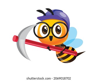 Cartoon cute worker bee with purple safety cap and holding big pickaxe. Cute bee wearing eye glasses. Vector character