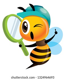 Cartoon cute worker bee wearing blue safety cap and holding a magnifying glass. Cute mascot hardworking bee. Vector illustration isolated