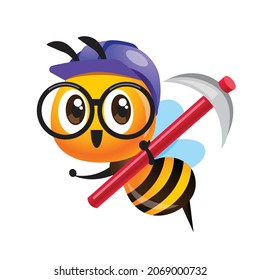 Cartoon cute worker bee wearing safety helmet and eye glasses holding pickaxe. Vector character