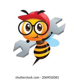 Cartoon cute worker bee wearing safety helmet and eye glasses while carrying a big spanner. Vector bee character