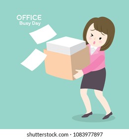 Cartoon cute working woman holding paper box vector.