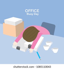 Cartoon cute working woman sleeping on desk vector.