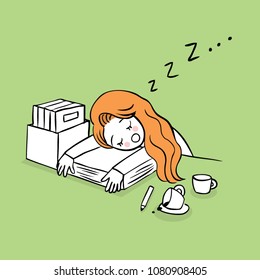 Cartoon cute working women  sleep with fatigue on table vector.