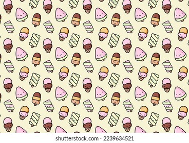 Cartoon cute yellow creamy background. Seamless pattern with popsicle and ice cream. vector illustration.