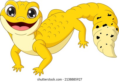 Cartoon cute yellow gecko on white background