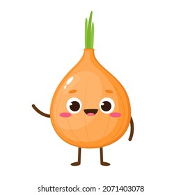 Cartoon cute yellow onion character. Vegetable food emoji vector illustration