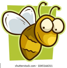 Cartoon cute yellow smiling bee on green background. Vector icon.