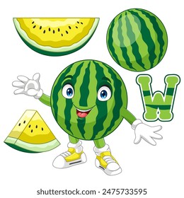 Cartoon cute yellow watermelon fruit waving hand