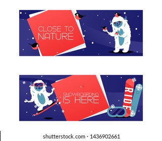 Cartoon cute yeti characters snowboarding in mountain. Close to nature, kind and friendly yeti with birds. Cheerful creature having fun doing sport vector illustration.