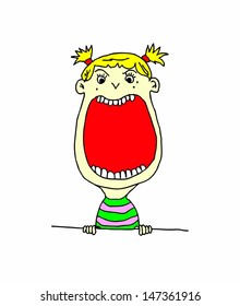 A cartoon of a cute young girl with a wide open mouth with blank space for text. 