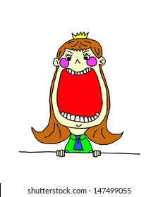 A cartoon of a cute young princess with a wide open mouth with blank space for text. 