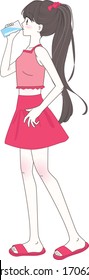 Cartoon cute young woman in red pink top and skirt drinking water from glass vector illustration showing human need to drink at least 8 glasses of water a day.