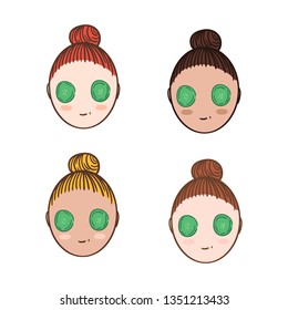 Cartoon cute young women with various hair style and skin type .Cucumber slices mask concept. Skincare illustration set.