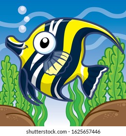 Cartoon cute zanclus cornutus, Moorish Idol cartoon,  Cute cartoon animal.